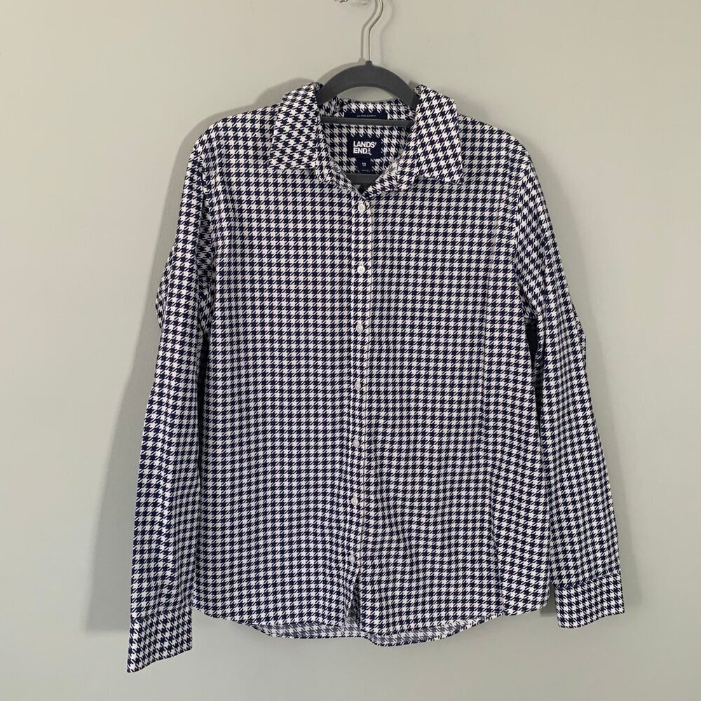 Lands End Womens 12 Navy‎ Blue White Houndstooth No Iron Supima Cotton Shirt